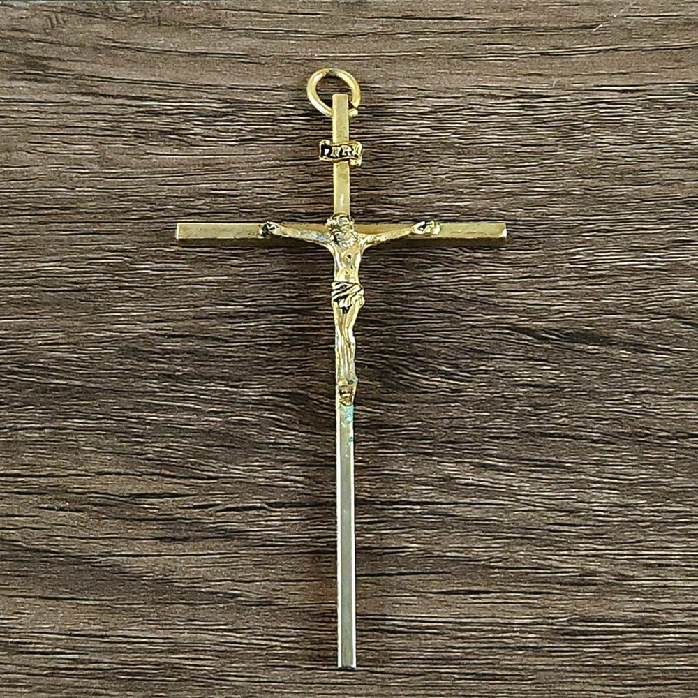 Large Vintage INRI Crucifix Pendant 3.5" Gold Tone Brass Corpus Cross